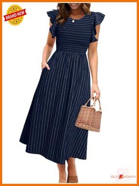 Striped Midi Dress Flutter Short Sleeve Smocked Linen Casual with Pockets
